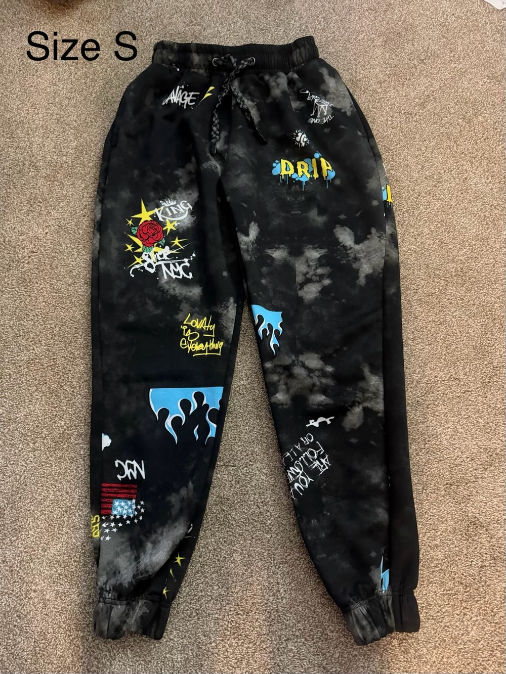 Black Graphic Kids Jogger Pants with Accents Sz S